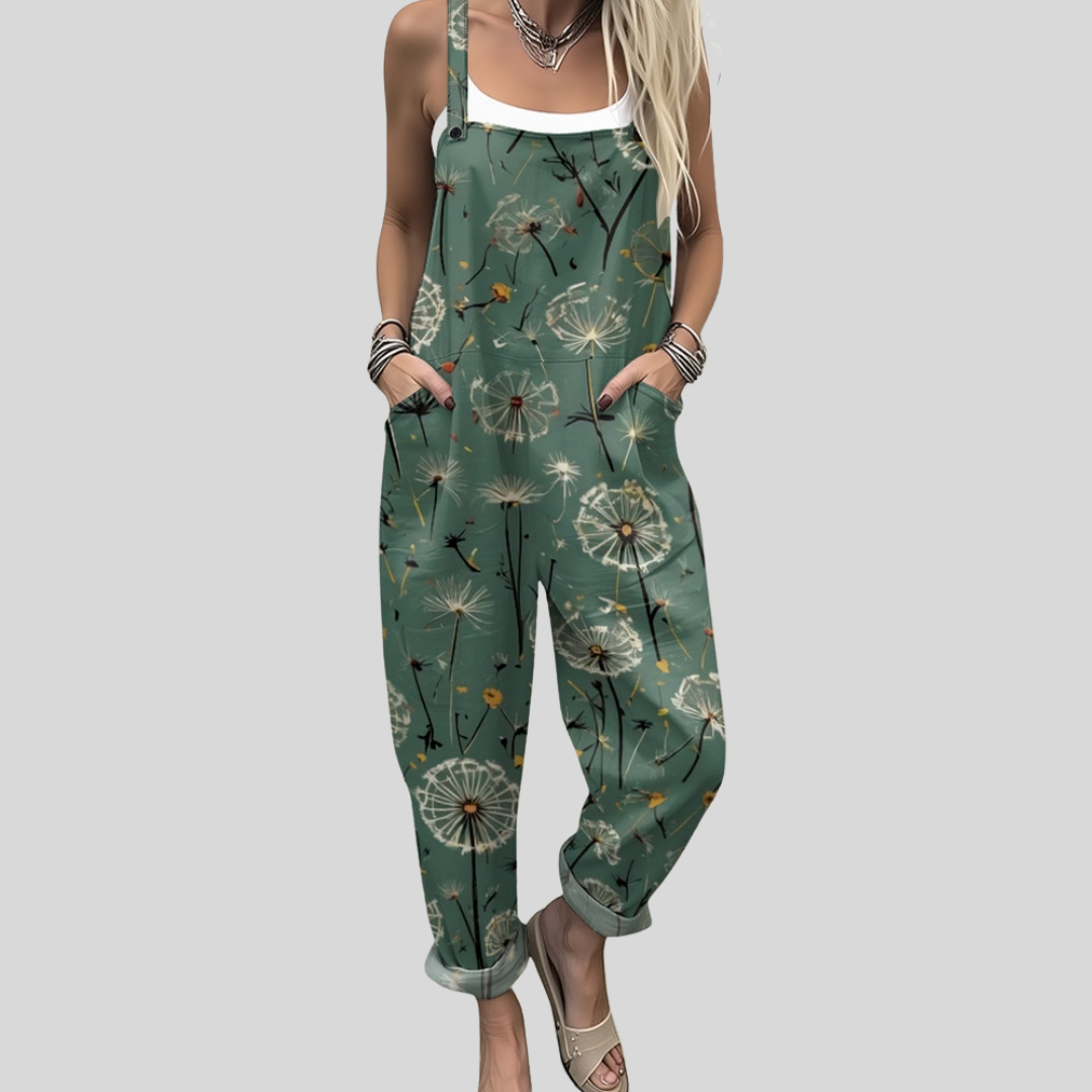 Groene tuinbroek met paardenbloemen