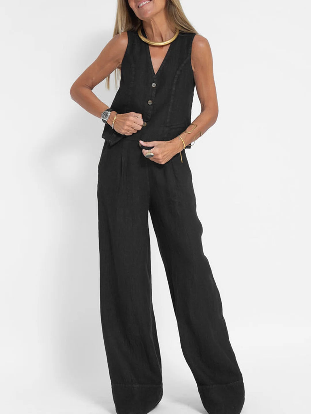 Aira - Ensemble gilet met knopen & wijde broek
