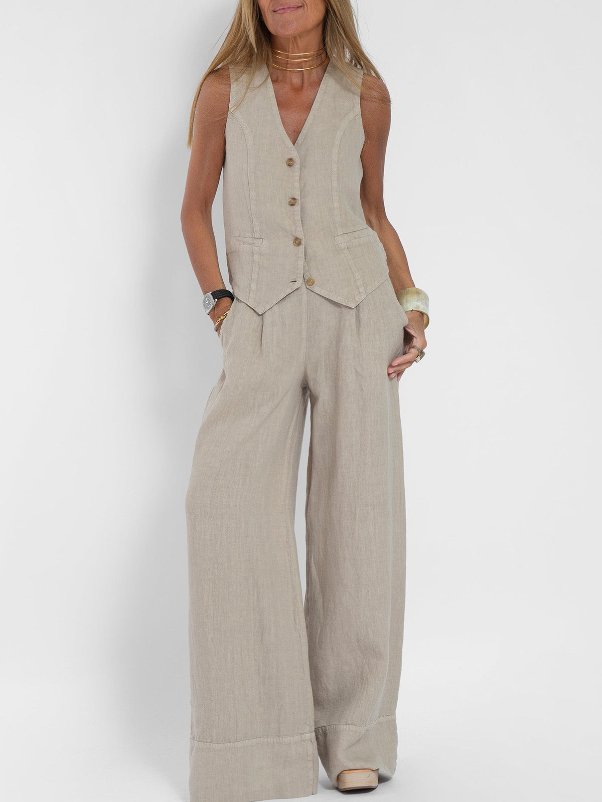 Aira - Ensemble gilet met knopen & wijde broek