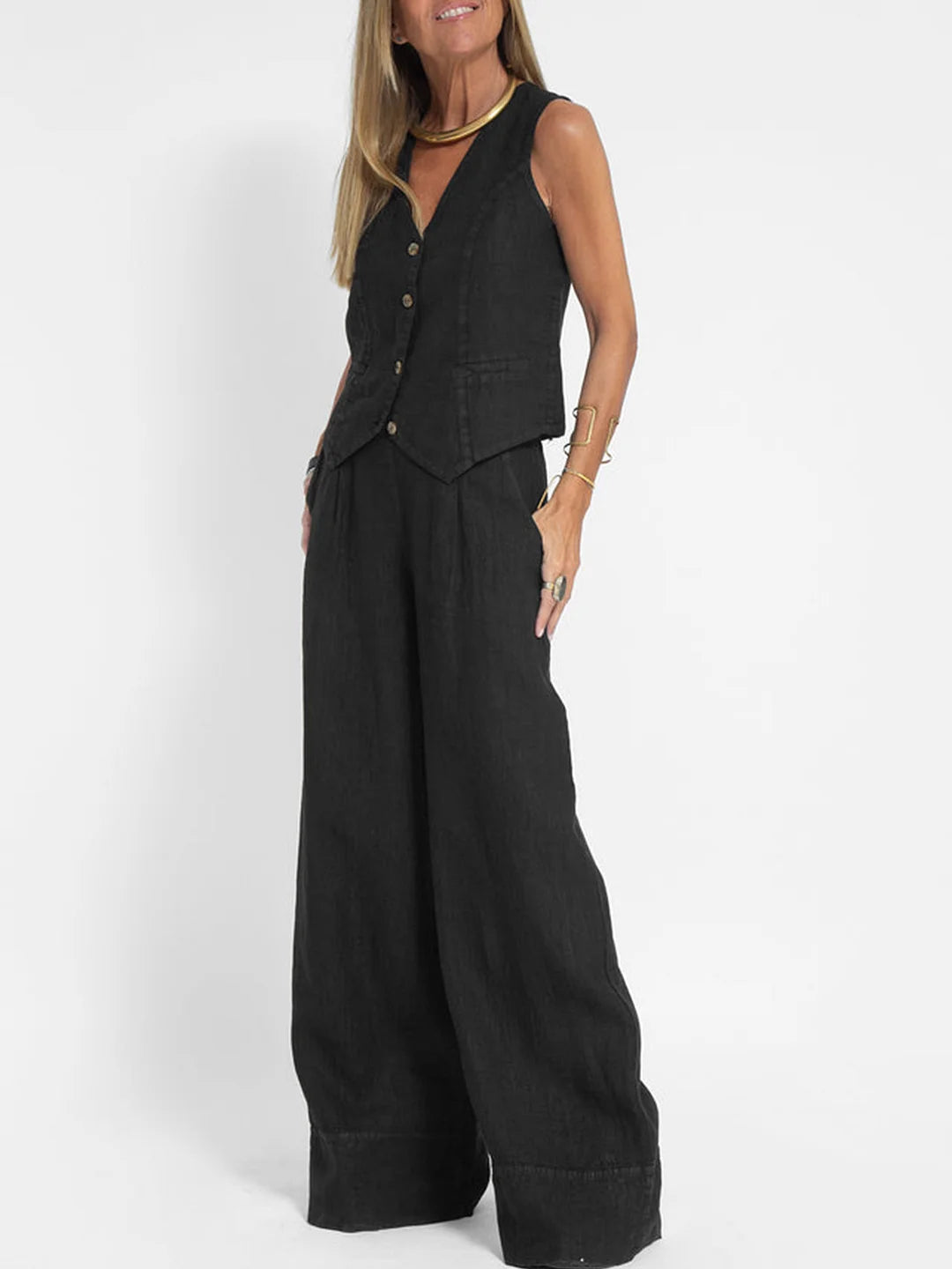 Aira - Ensemble gilet met knopen & wijde broek