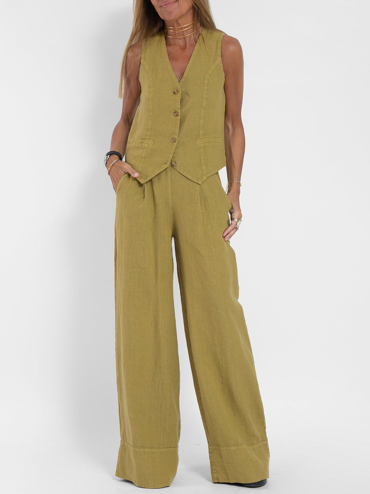 Aira - Ensemble gilet met knopen & wijde broek